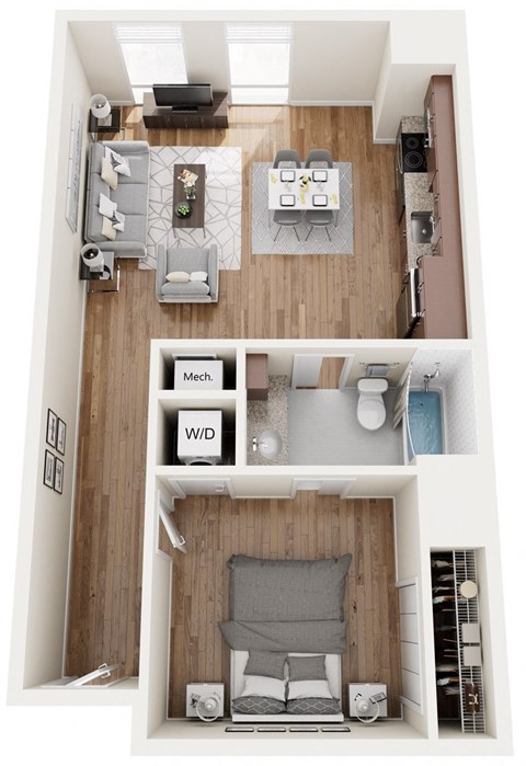 Floor plan for 1 bed, 1 bath, 700 sqft